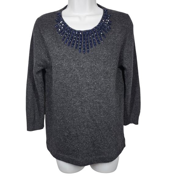 J. Crew Jeweled Starburst Wool Blend 3/4-Sleeve Sweater Back Zipper Gray Size S - Picture 2 of 9